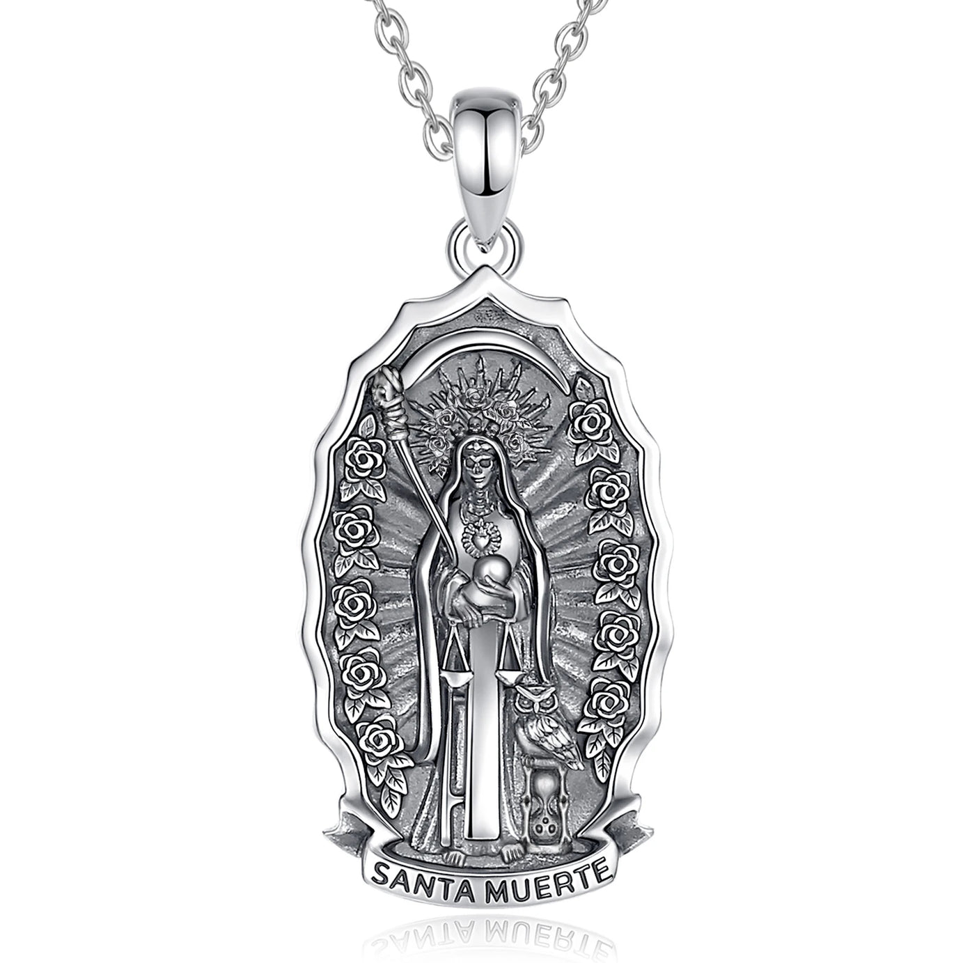 S925 Sterling Silver Santa Muerte Pendant Necklace, Holy Death Mexican Devotional Amulet