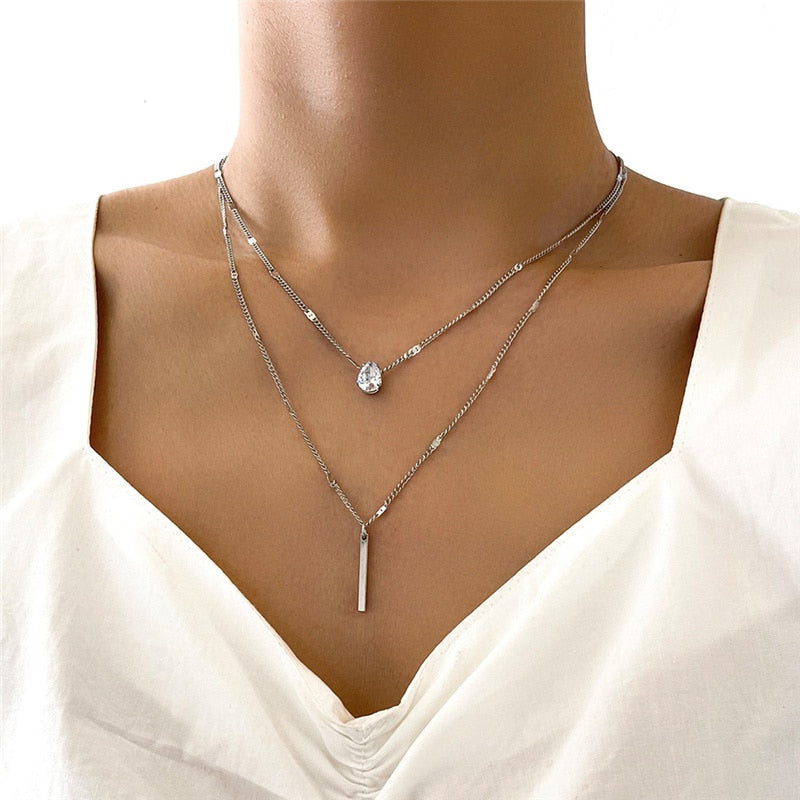 Crystal Zircon Heart Star Charm Layered Pendant Necklace Set for Women Charms Fashion Square Rhinestone Female Vintage Jewelry - Charlie Dolly