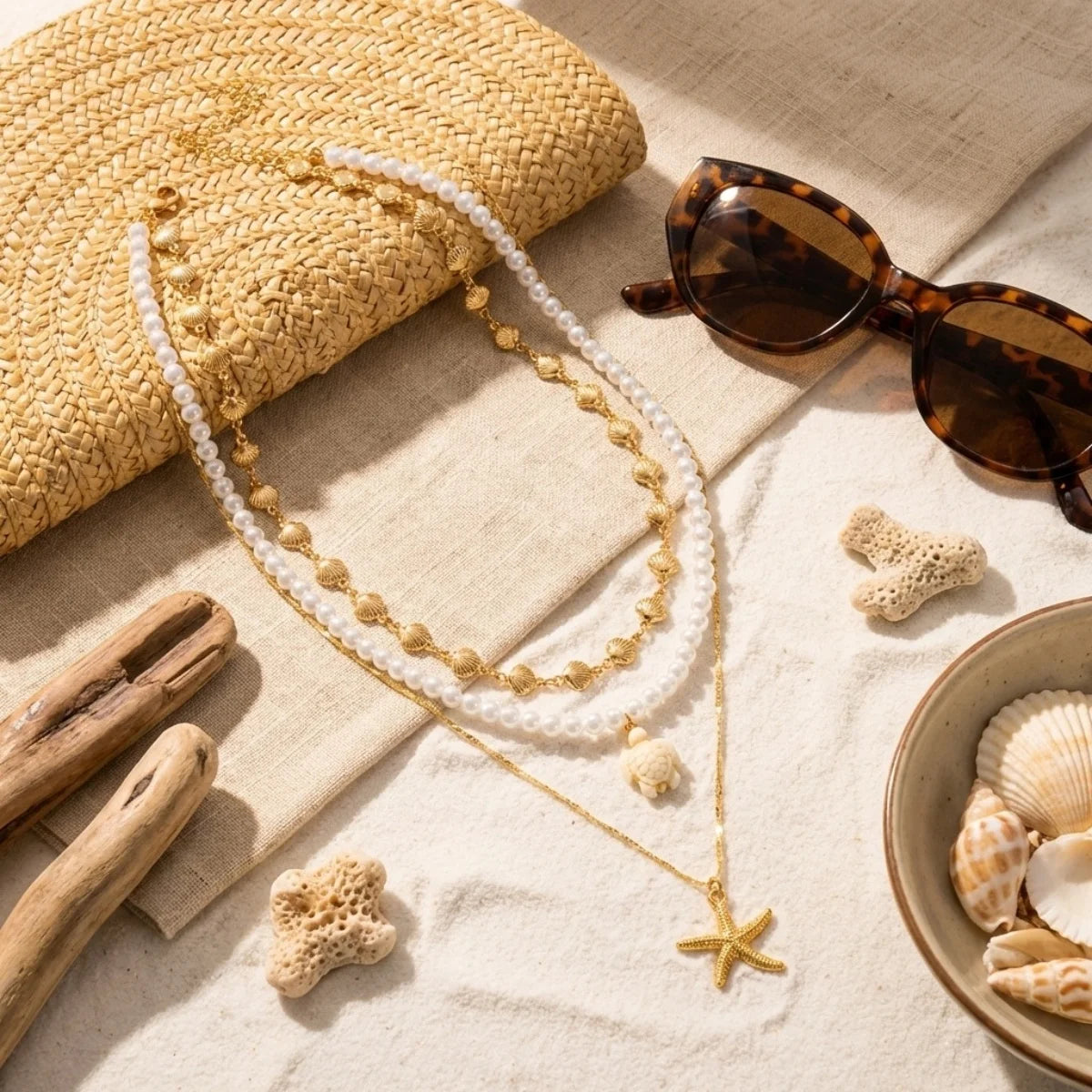 Multilayer Imitation Pearl Rice Bead Starfish Resin Turtle Shell Necklace For Women Men Ocean Beach Fishtail Choker Boho Jewelry