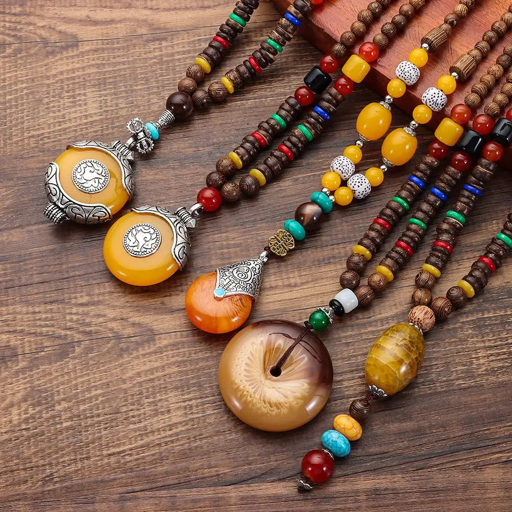 Nepal Wood Bead Mala Pendant Necklace Jewelry