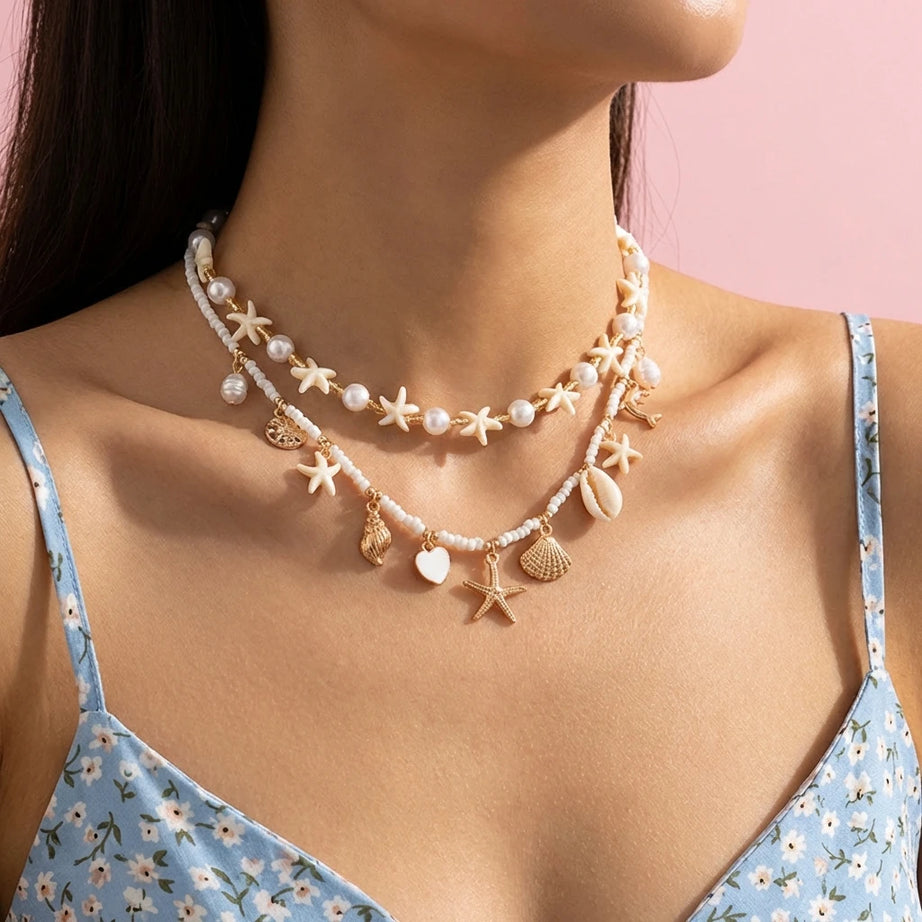 Multilayer Shell and Starfish Pearl Handmade Choker