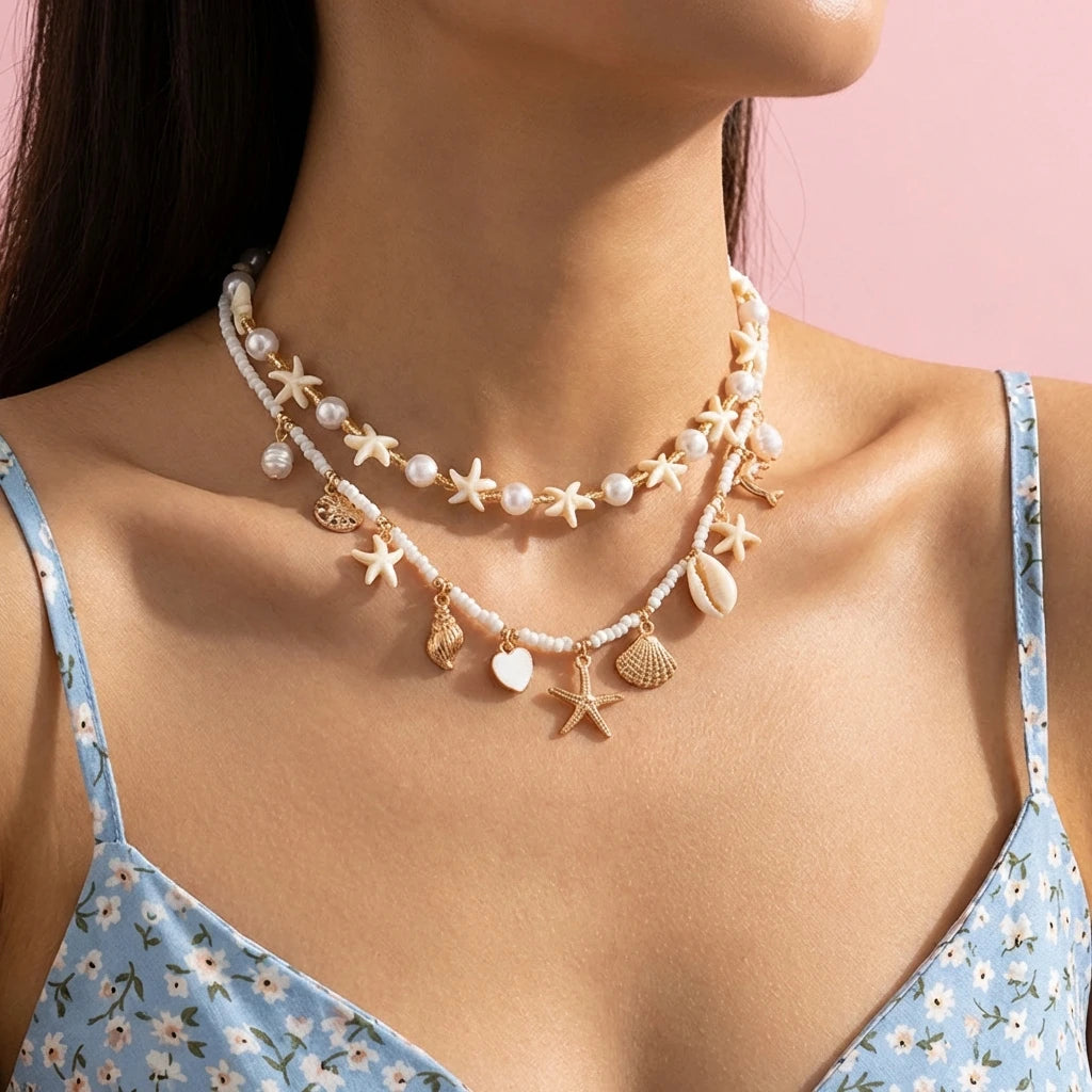 Boho Multilayer Shell Starfish Pendant Necklace for Women Handmade Beaded Imitation Pearl Choker Beach Party Jewelry Gift