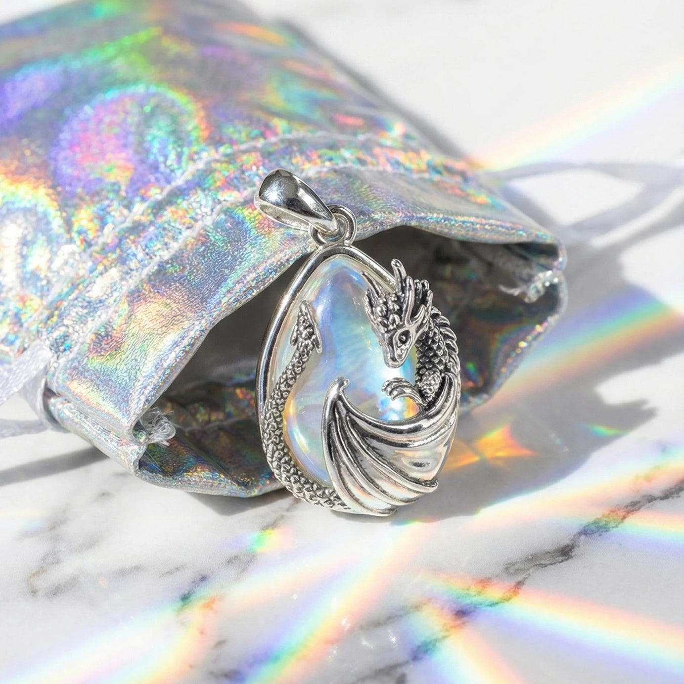 Moonstone Dragon Crescent Pendant Necklace, Celestial Guardian Amulet