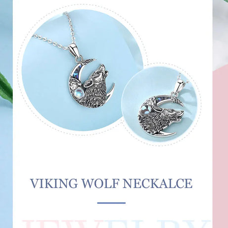 Wolf on the Moon Necklace with Moonstone, S925 Sterling Silver