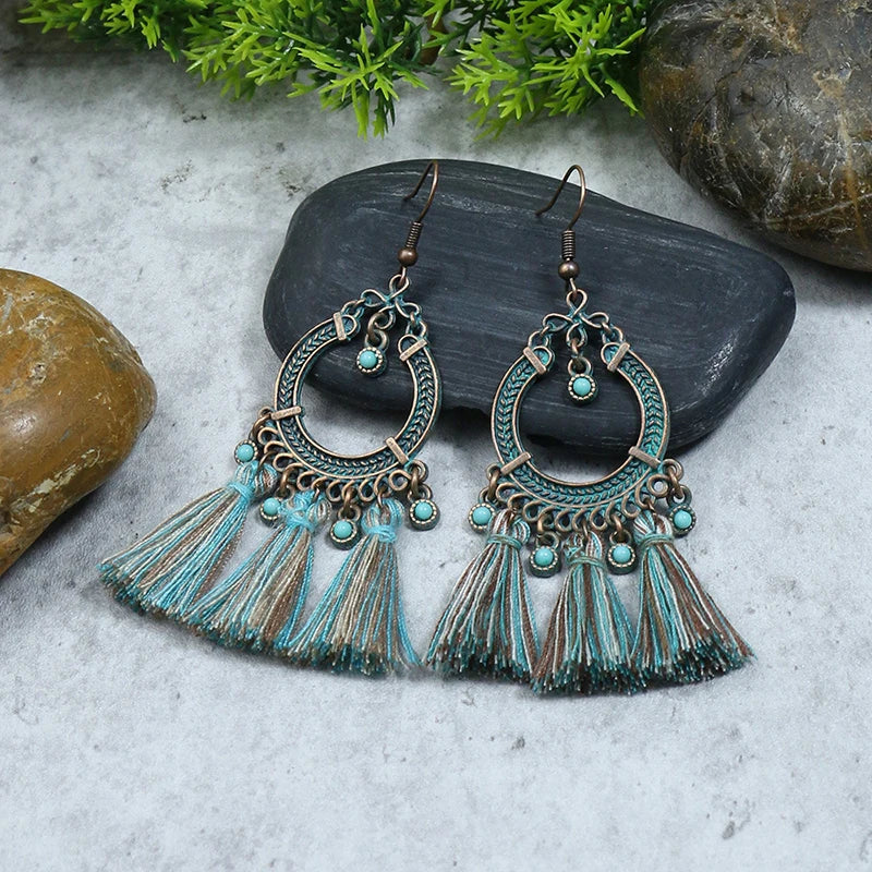 Vintage Boho Blue Stone Beaded Drop Earrings For Women Tassel Ethnic Geometric Flower Leaf Long Dangle Earrings Trendy Jewelry