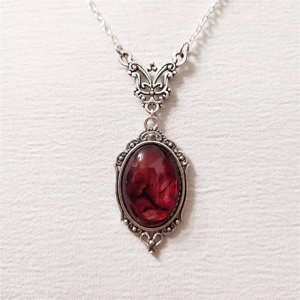 Gothic Blood Red Quartz Charm Necklace Oval Pendant Necklace For Women Halloween Vampire Embossed Witch Jewelry Vintage Chokers - Charlie Dolly