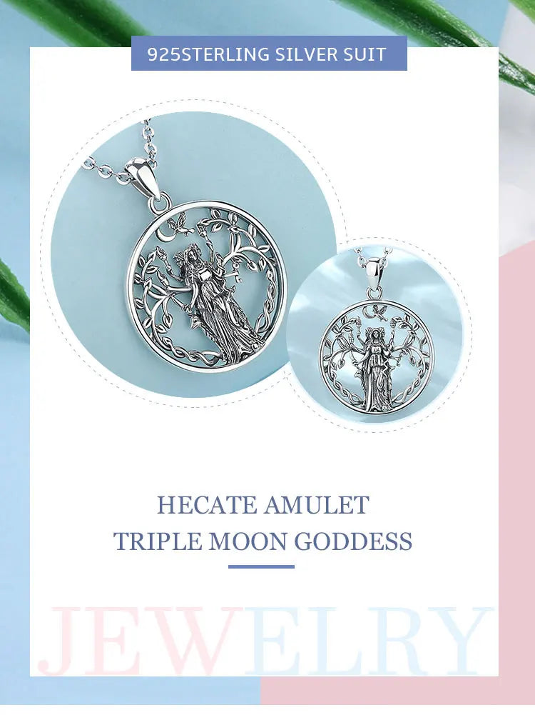 Eudora 925 Sterling Silver Triple Moon Goddess Necklace Hecate Amulet Pendant Triple Goddess Jewelry Personality Gift for Women