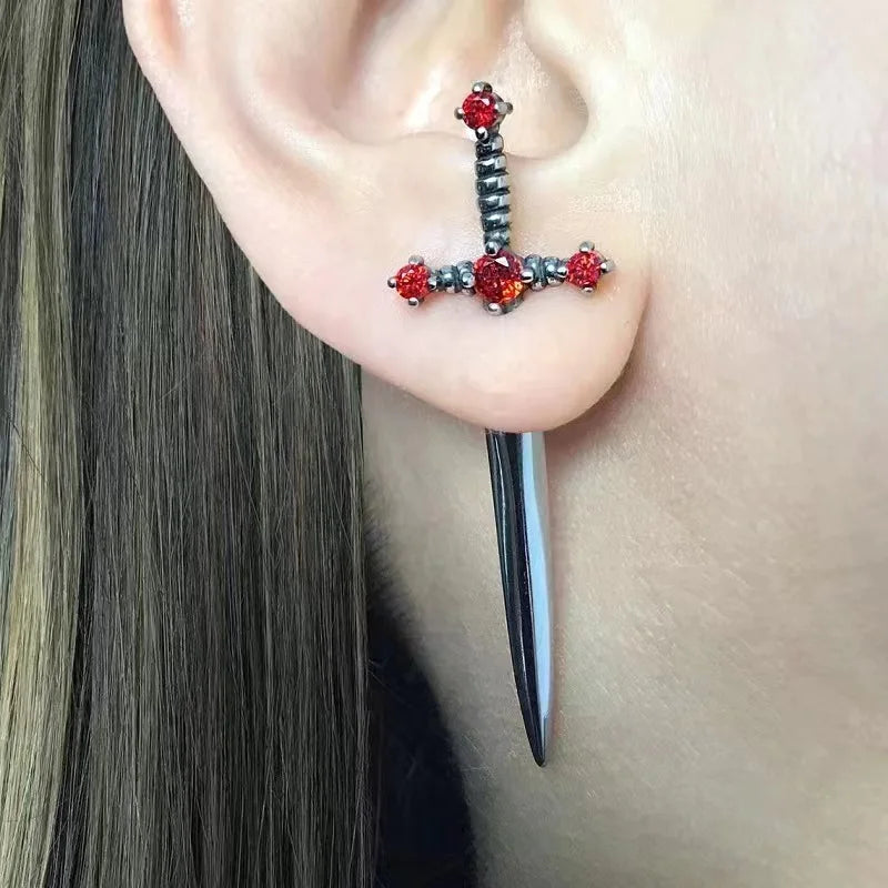 Vintage Dark Gothic Kinitial Sword Earrings For Women Men Dagger Piercing Earring Ear Jacket Punk Goth Halloween Jewelry Gift - Charlie Dolly