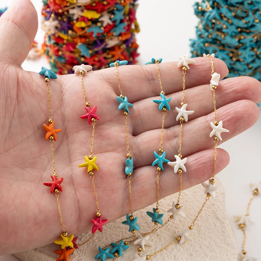 1M Gold Stainless Steels Beach White Natural Stone Starfish Charm Chain Boho Bracelet Neckalce Holiday Jewelry Making Component