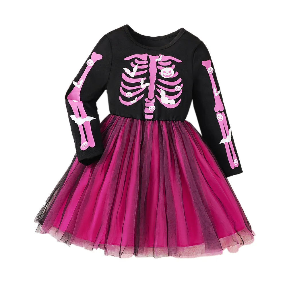 Halloween Girl Long Sleeve Skull Printed Dress Up Witch Costume Carnival Party Mesh Tulle Tutu Dress Stage Performance Clothes - Charlie Dolly