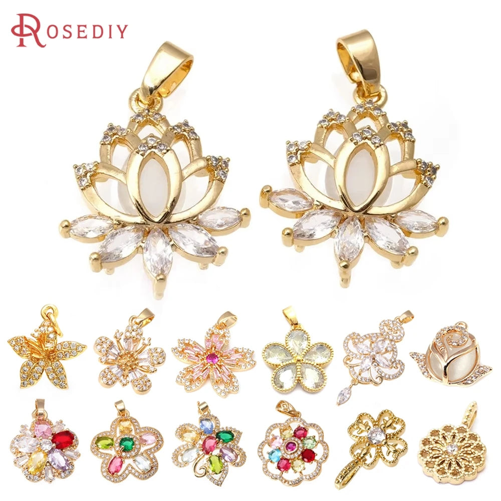 18K Gold Color Brass and Zircon Lotus Flower Necklaces Charms Pendants High Quality Diy Jewelry Accessories Making Supplies