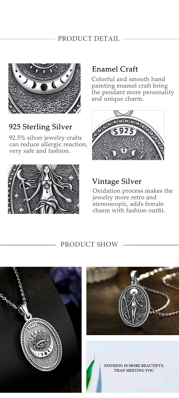 Eudora 925 Sterling Silver NYX Moon Goddess Necklace Wicca Pagan Amulet Pendant Hellenic Jewelry Fine Gift for Women Men
