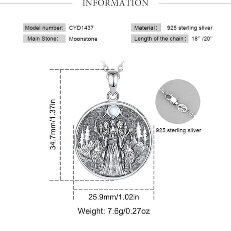 S925 Sterling Silver Hecate & Dog Pendant Necklace, Triple Moon Goddess Moonstone Amulet