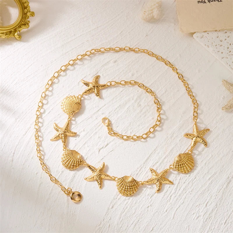Boho Metal Starfish Shell Waist Chain for Women Summer Beach Sexy Pearl Beaded Belly Chain Bikini Party Vacation Jewelry