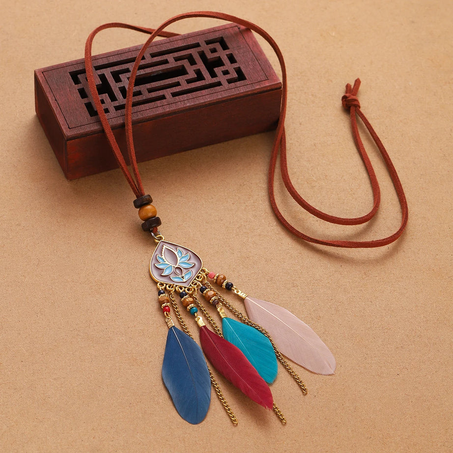 Rope Bead Feather Pendant Long Necklace Jewelry
