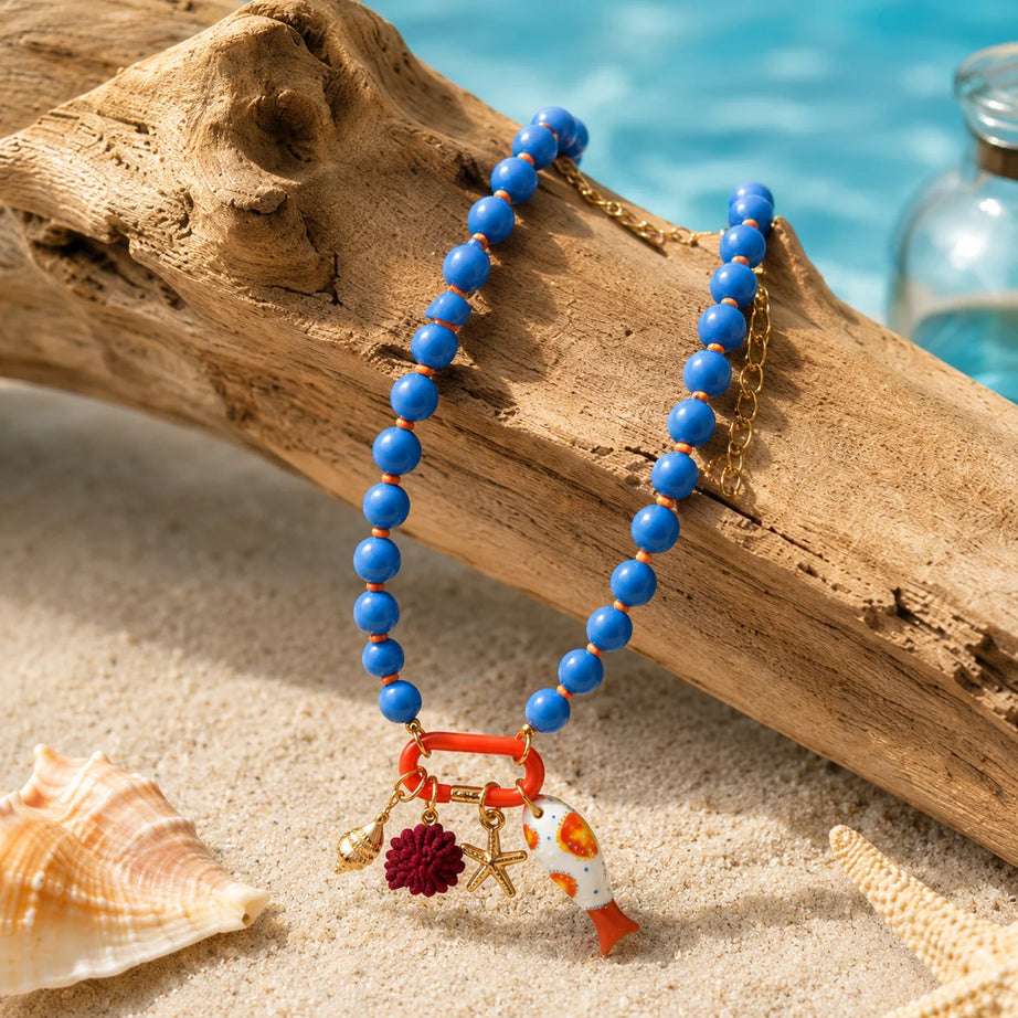 Fish, Starfish and Shell Colorful Handmade Boho Necklace