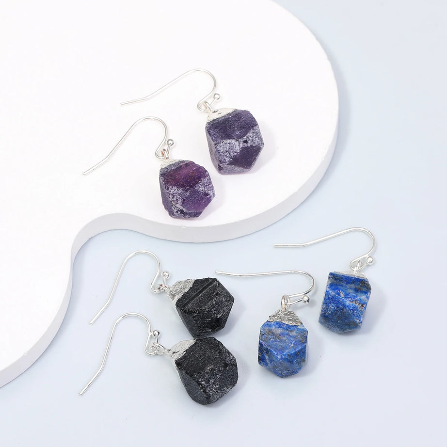 Raw Ore Natural Stone Hook Earrings, Fluorite Amethyst Quartz Healing Crystal Jewelry