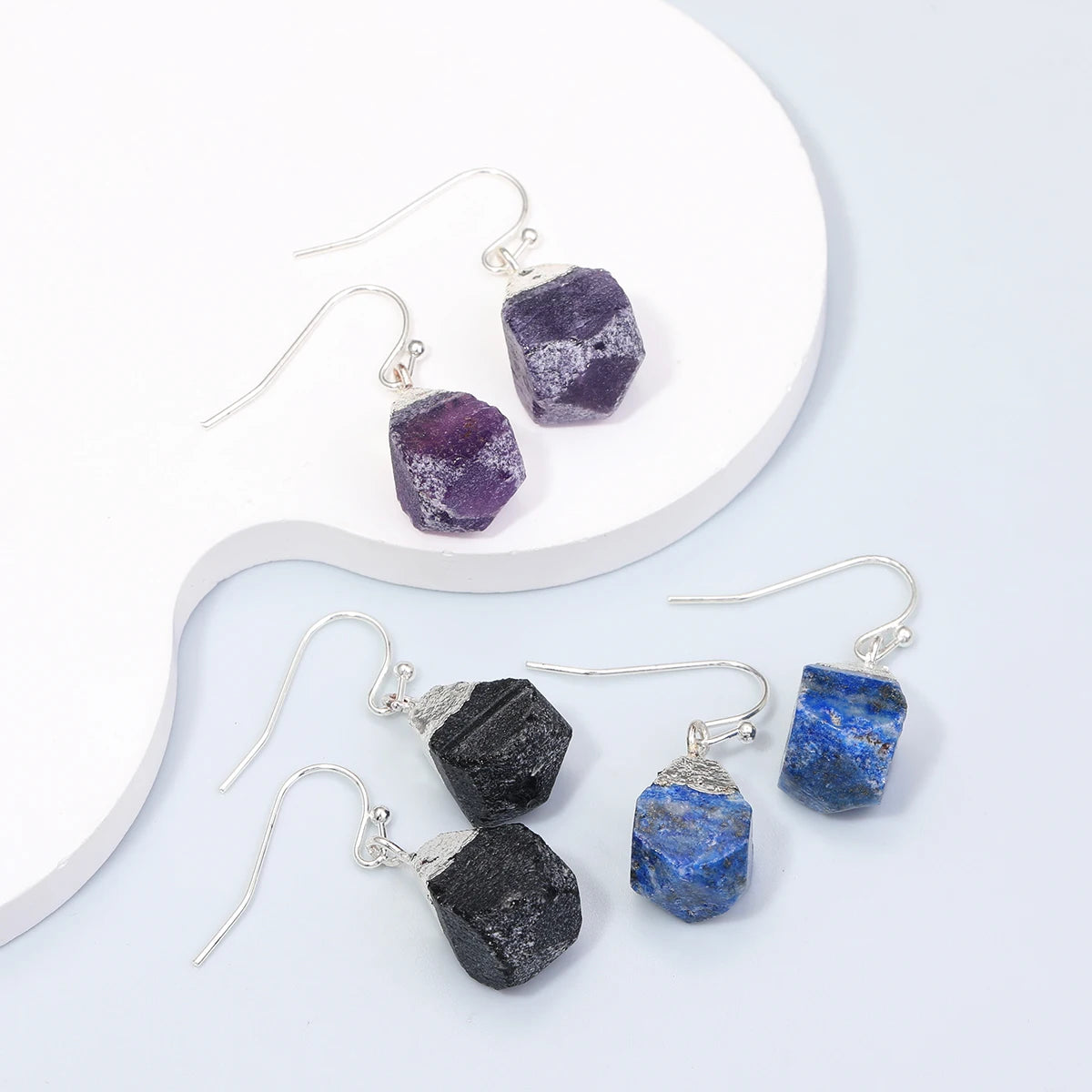 Irregular Rough Raw Ore Natural Stone Earrings Fluorite Amethysts Quartz Crystal Agates Stainless Steel Hook Earrings