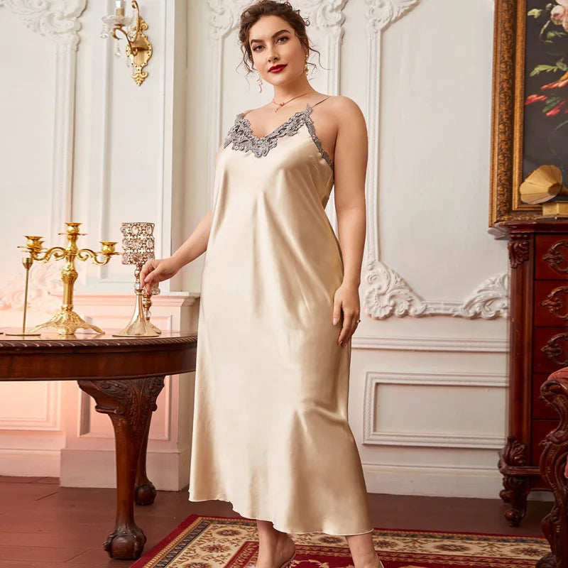 Sexy Sleepwear Women Lace Silk Satin Sleeveless Nighties Summer V-neck  Suspender Thin Long Imitation Silk Nightgown