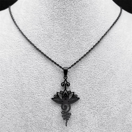Artistic Lotus Flower Pendant Necklace, Stainless Steel Black Chakra Goth Talisman