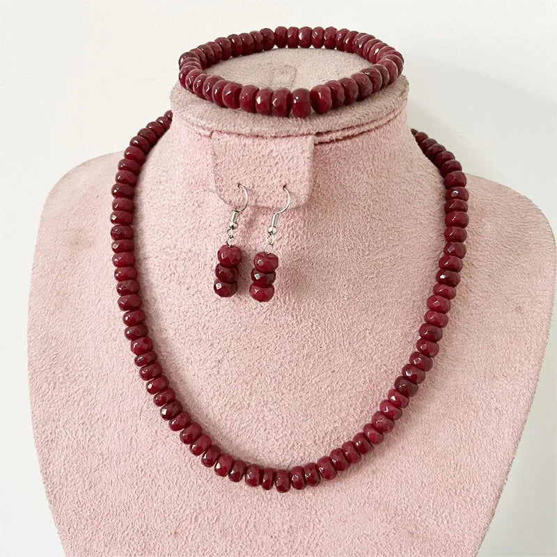 Faceted 5*8MM Deep Red Ruby Natural Stone Jewelry Sets Bead Necklace Earrings Bracelet Chain Choker Simple Design Party Boho