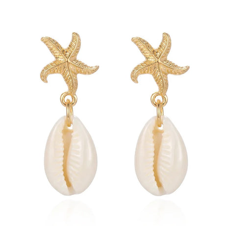 Boho Starfish, Conch and Scallop Pearl Pendant Earrings