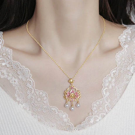 Pink Lotus Ruyi Lock & Pearl Tassel Enamel Necklace, Buddhist Blessing Talisman