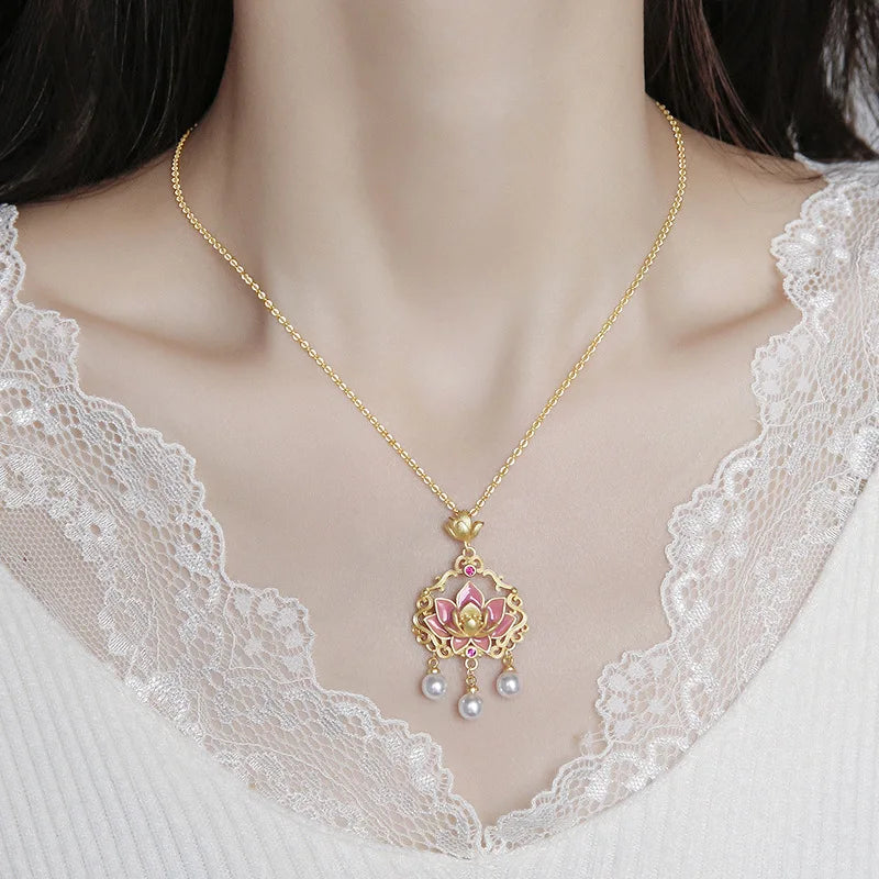 Classic matte pink lotus flower Ruyi lock necklace pearl tassel pendant enamel collarbone chain wedding for women jewelry gift