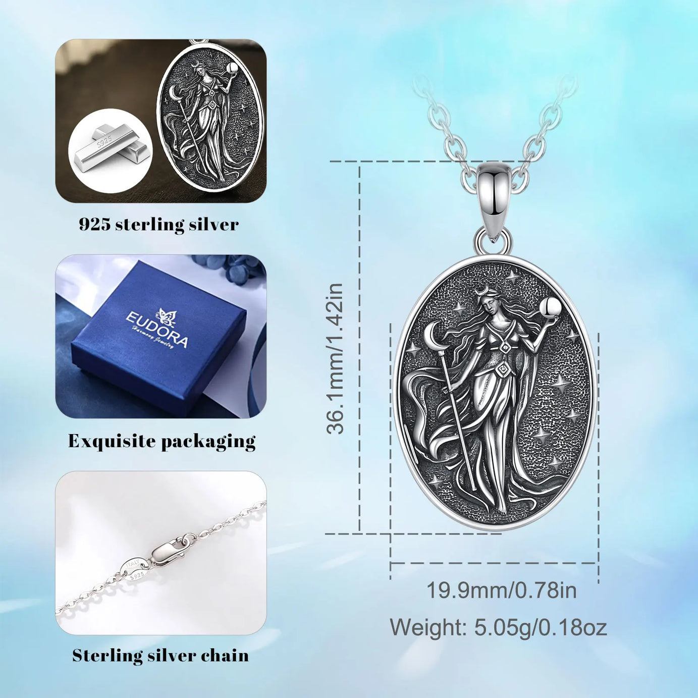 S925 Sterling Silver Nyx Moon Goddess Pendant Necklace, Dark Goddess of Night Wicca Amulet