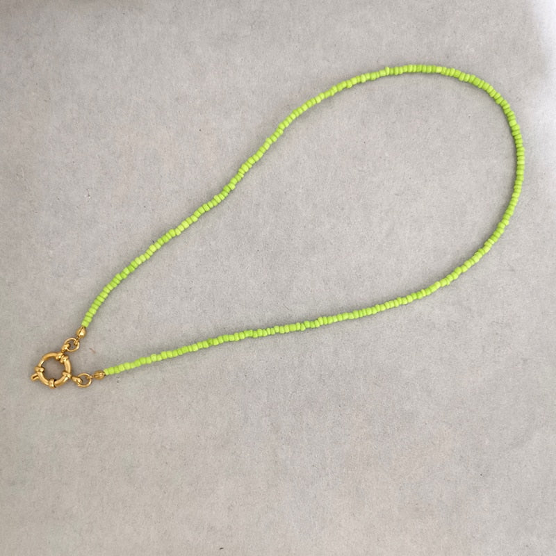 QMHJE Imitation Pearl Necklace Women Choker Seed Beads Rainbow Stainless Steel Clasp Sailor Buckle Base Chain Gold Color Boho - Charlie Dolly