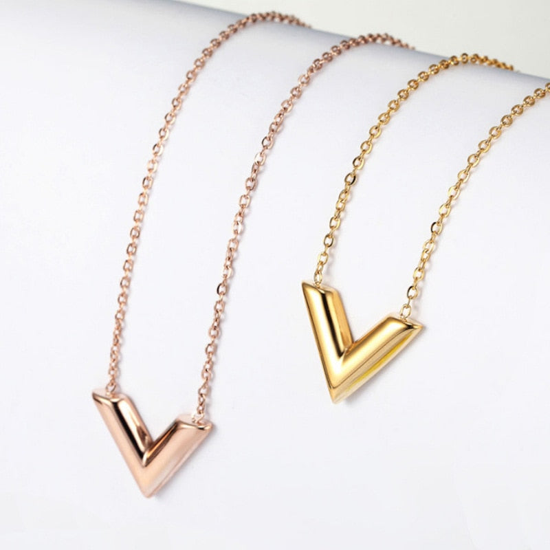 Fashion Brand V Letter Pendant Necklace For Woman Stainless Steel Women Necklace Luxury Jewelry Female  gift - Charlie Dolly