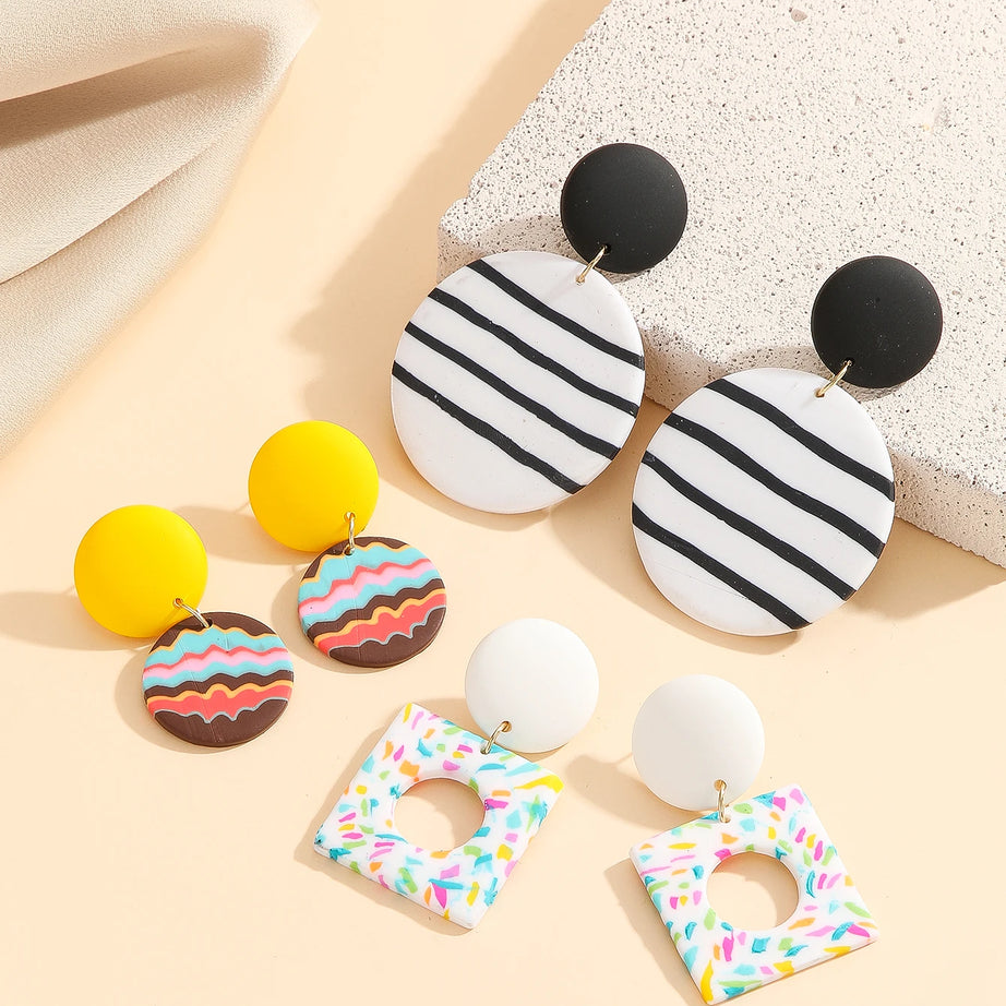Striped Polymer Clay Rainbow Dangle Earrings Jewelry