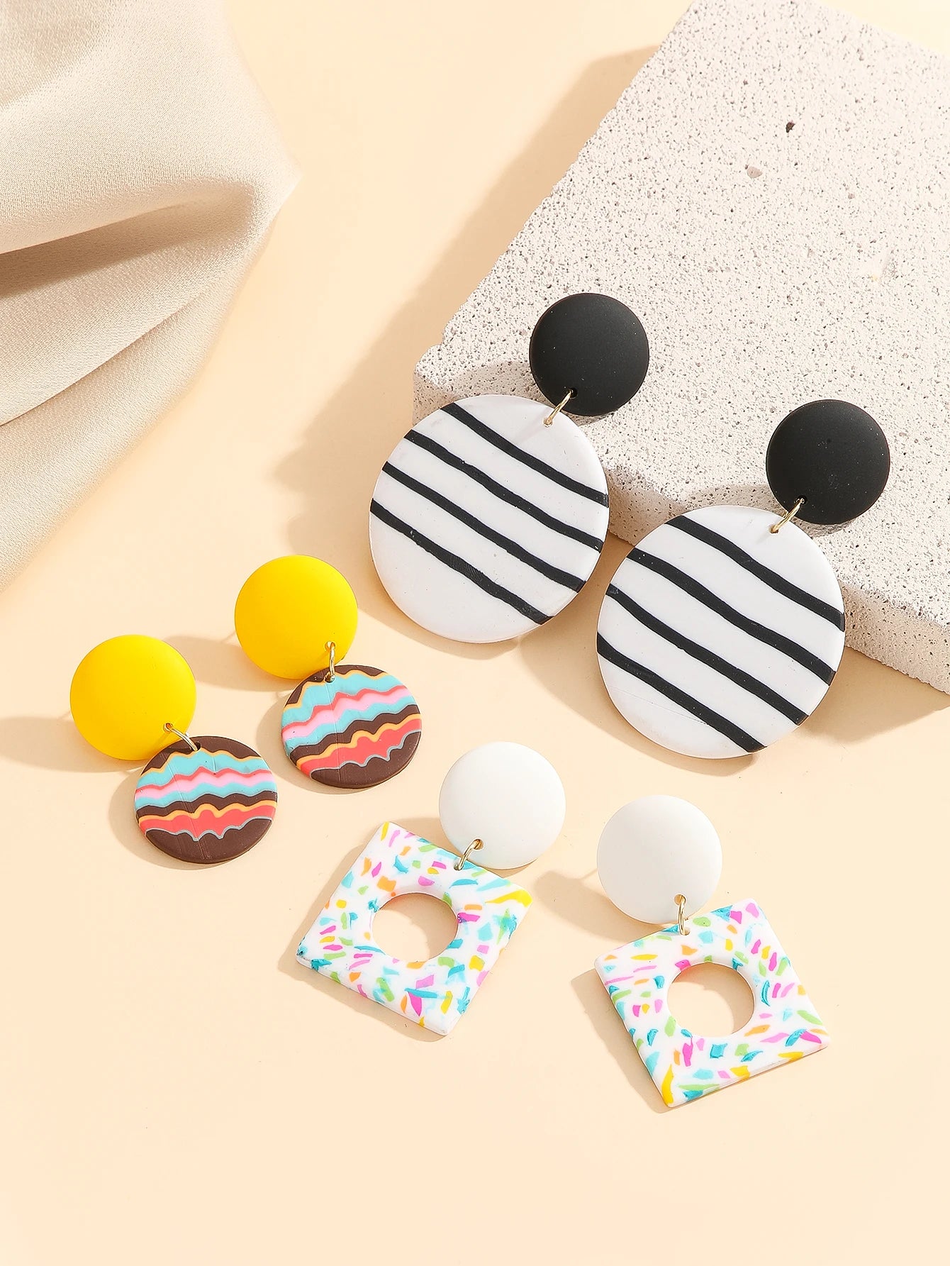 Boho Dangle Earrings Lightweight Polymer Clay Women's Black White Stripe round Confetti Donut Square Rainbow Wave Yellow