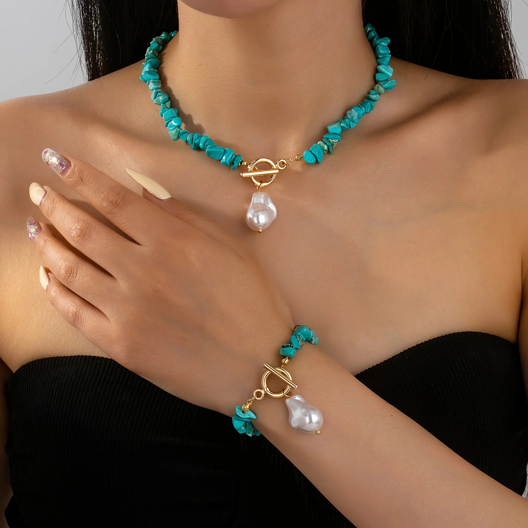 Boho Green Natural Stone Baroque Pearl Jewelry Set 13 Colors Toggle Clasp Necklace Bracelet For Women Fashion Gift