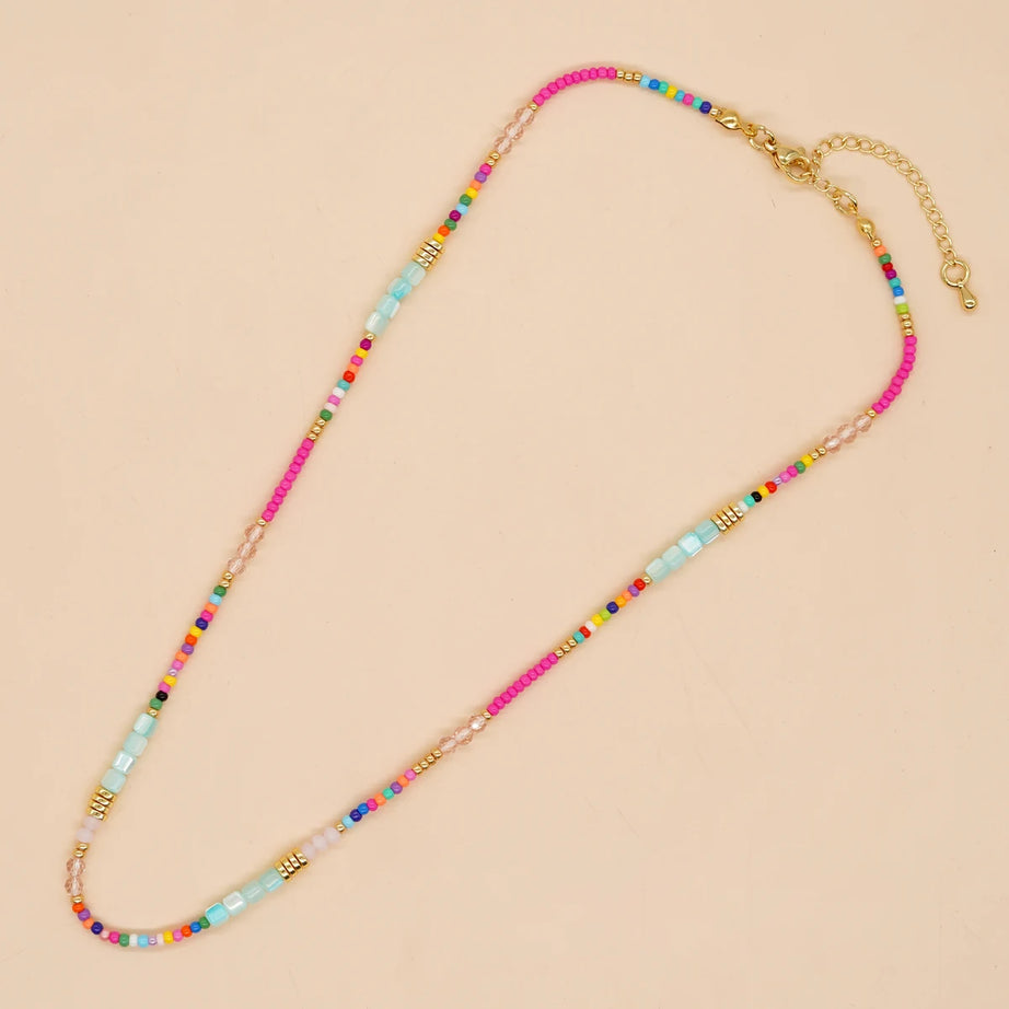 Rainbow Crystal and Shell Beaded Boho Choker Necklace