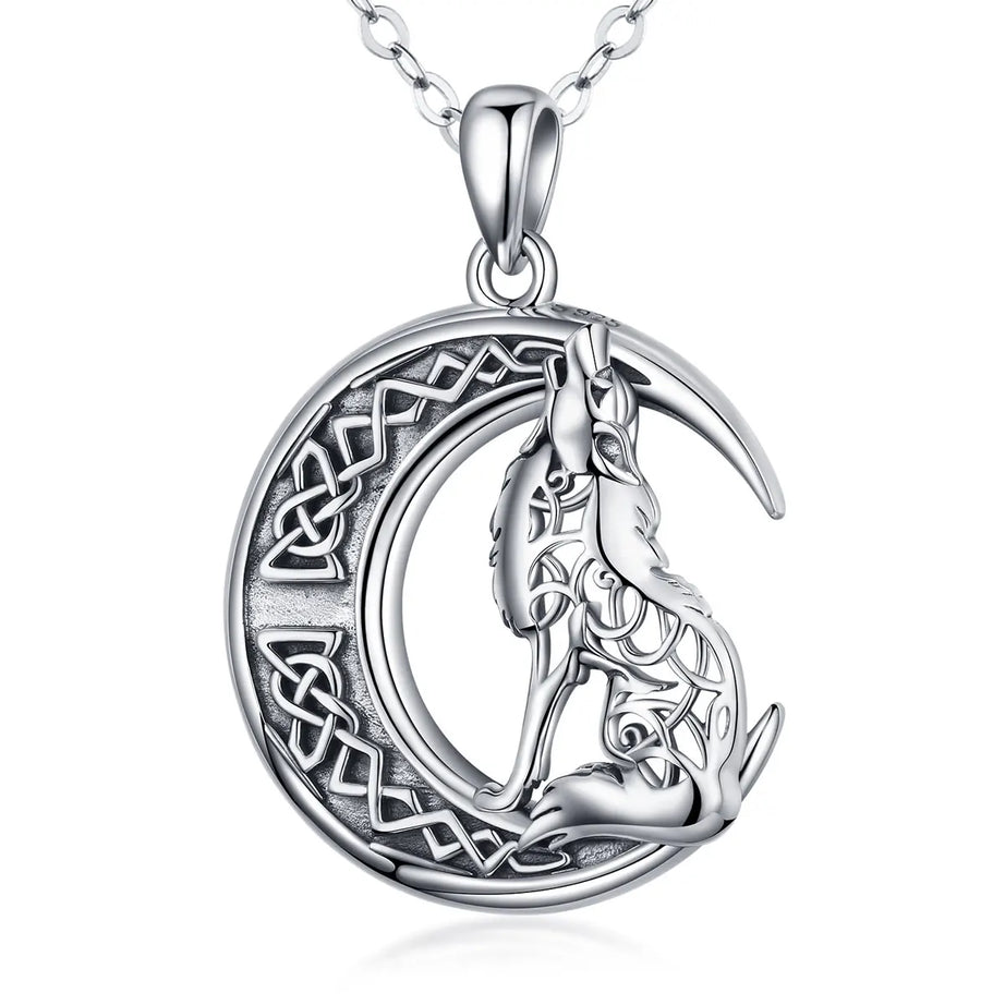 S925 Sterling Silver Wolf & Moon Pendant Necklace, Valknut Odin Norse Viking Amulet