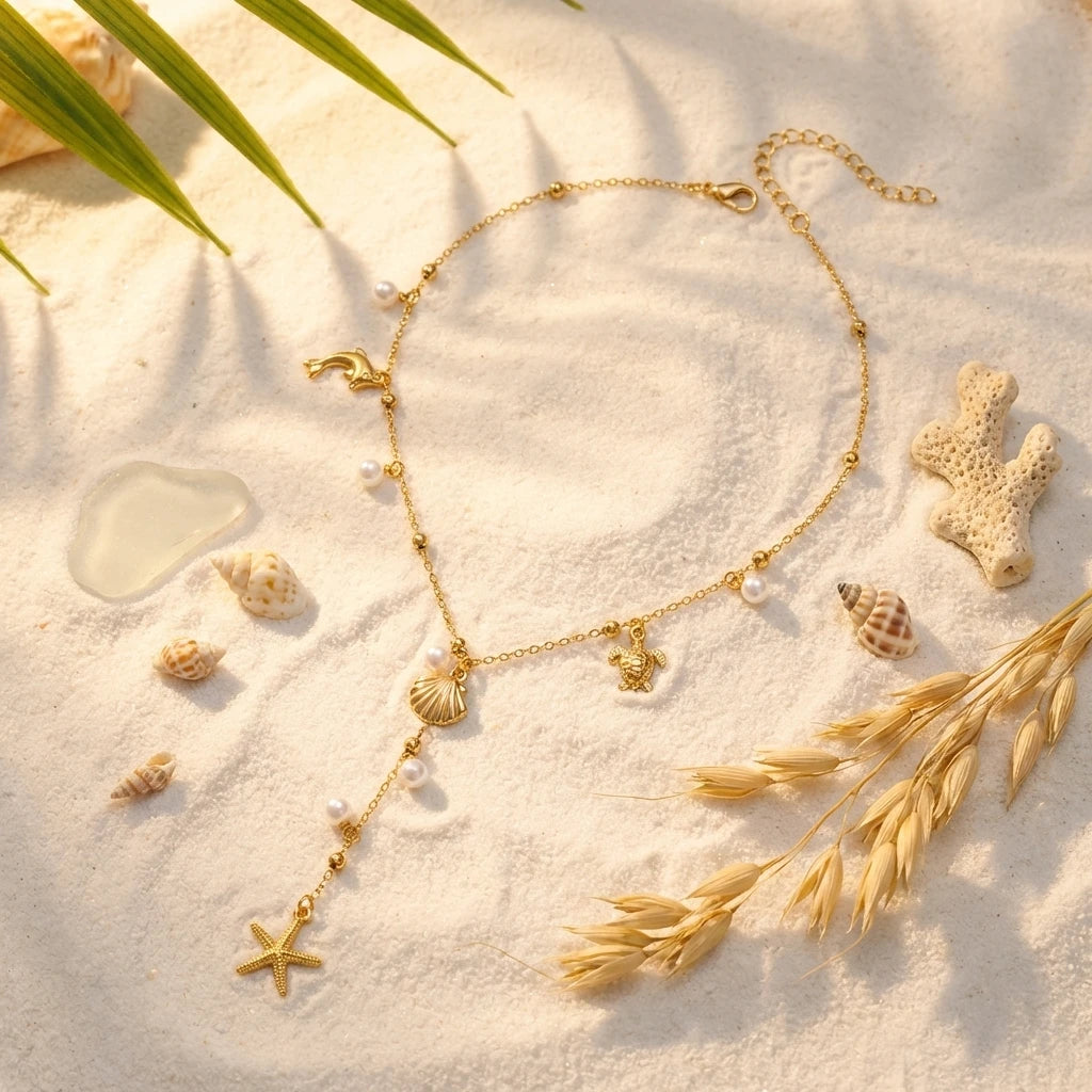 Boho Beach Style Long Y Drop Chain Necklace For Women Cute Sea Turtle Dolphin Starfish Shell Pendant Choker Summer Party Jewelry