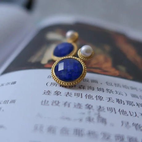 Vintage Style Exquisite Pearl Round Lapis Lazuli Earrings for Women Silver Inlaid Classic Blue Stud Earings Jewelry Gift - Charlie Dolly