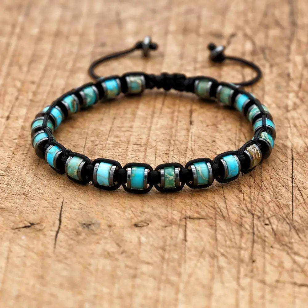 3*6mm Natural Amazonite Stone Hematite Beads Braided Bracelet Handmade Woven Boho Yoga Charm Bracelet Couple Men Jewelry