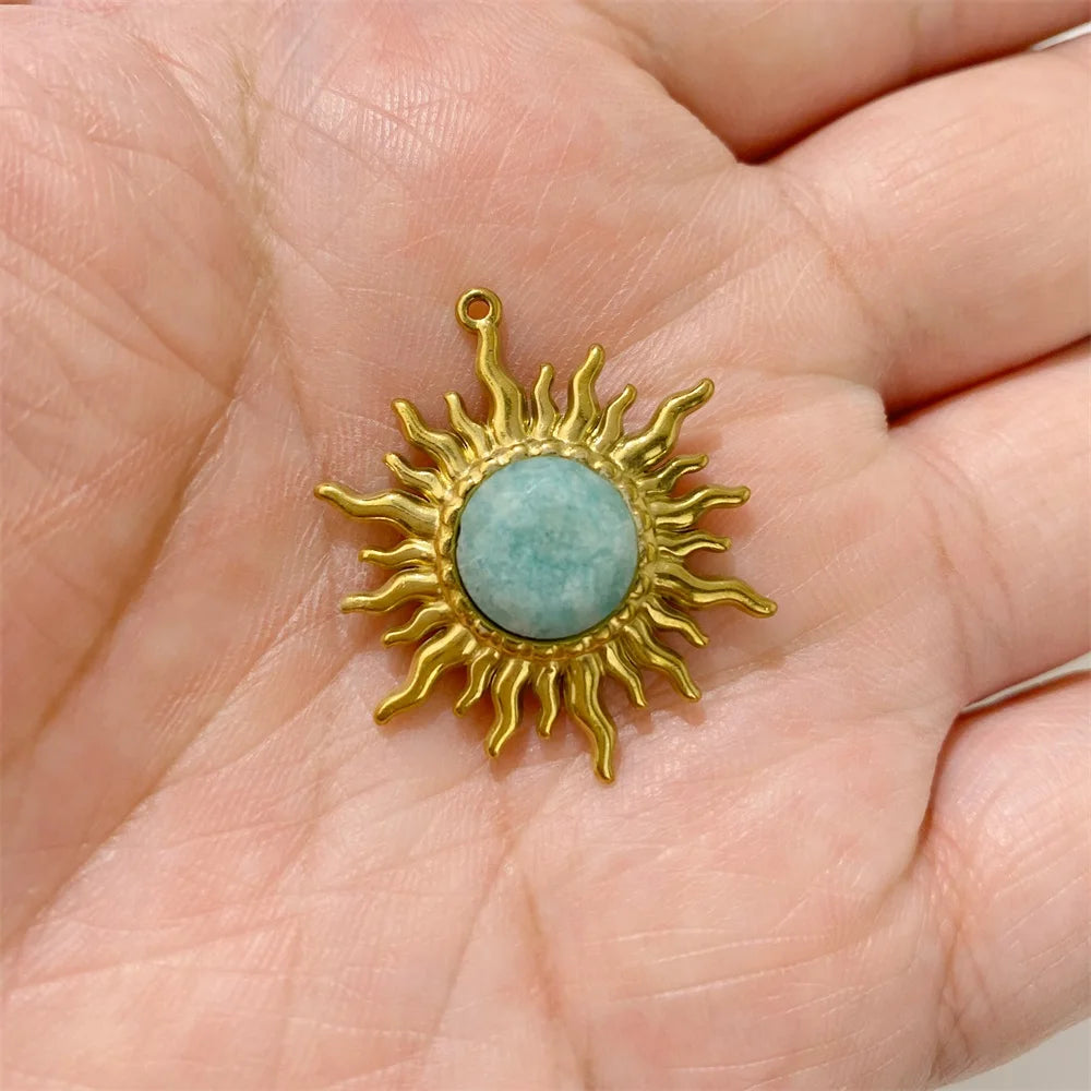 2pcs 25x30mm Gold Color Sun Shape Natural Stone Pendant Inlaid with Lapis Lazuli Gem Charm for Jewelry Making Necklace Earring