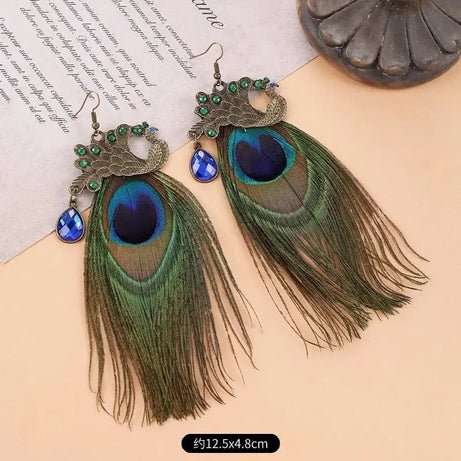 Peacock Feather Long Statement Earrings Jewelry