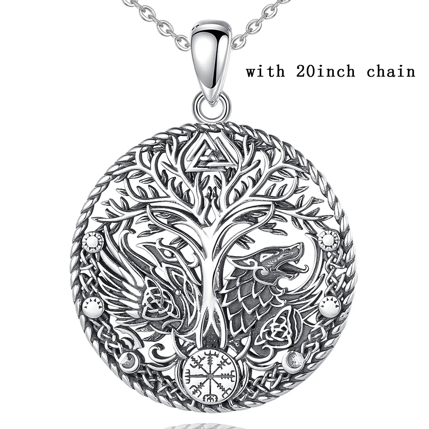 S925 Sterling Silver Viking Raven Wolf Pendant Necklace, Celtic Knot Tree of Life Compass Amulet