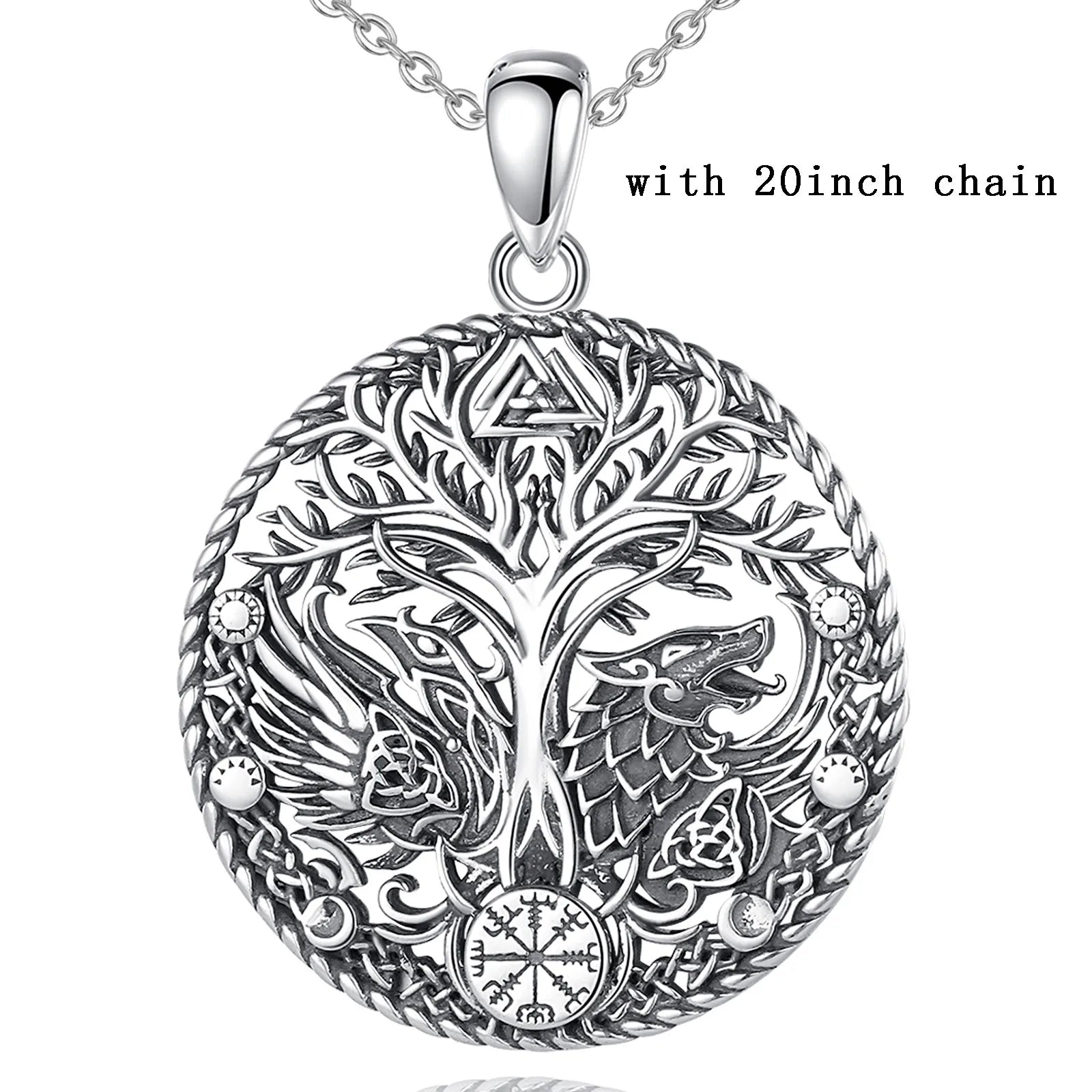 Eudora 925 Sterling Silver Viking Raven Wolf Necklace for Women Man Compass Tree of Life Amulet Pendant Personality Jewelry Gift
