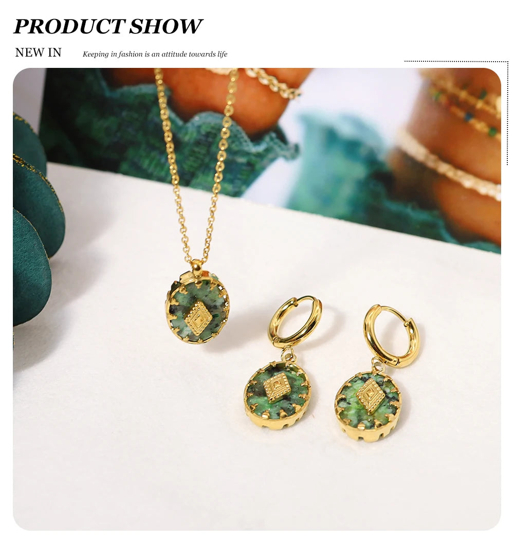 WILD & FREE Vintage Natural Stone Pendant Necklace for Women Luxury African Turquoise Drop Earrings Trendy Jewelry Set Gifts