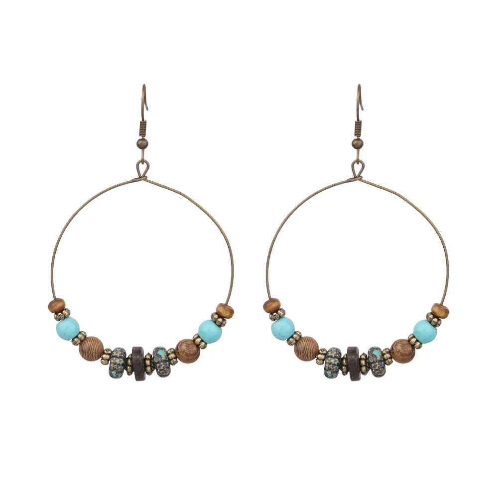 DOUVEI 2021 Ethnic Bohemia Women's Gypsy Big Bronze Wood Beads Round Drop Boho Earrings Vintage Style For Female HQE741