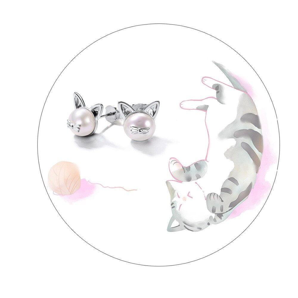 U7 925 Sterling Silver Cute Earrings Cat Stud Earings Women Wedding Jewelry Natural Freshwater Pearl Earrings Mother&#39;s Gift SC02 - Charlie Dolly