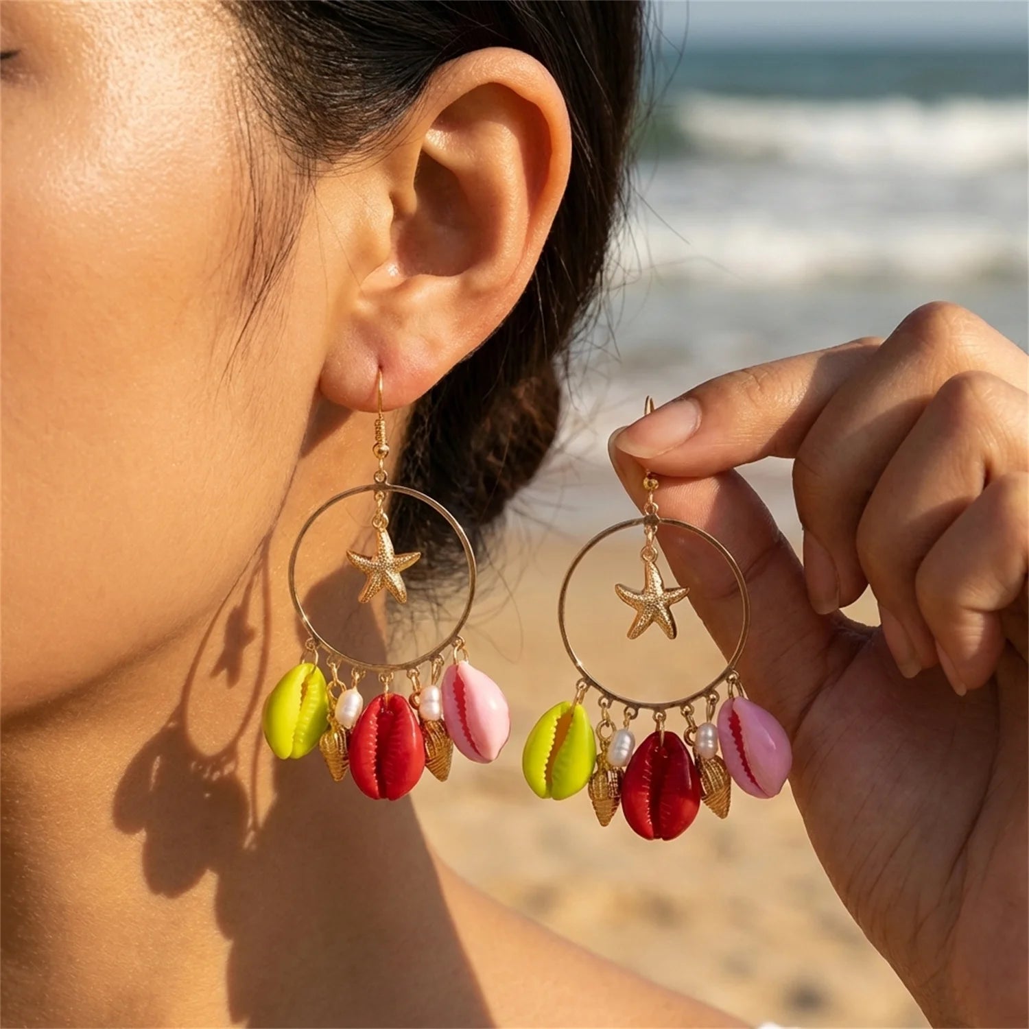 Colorful Irregular Stone Hoop Earrings for Women Y2K Boho Starfish Shell Dangle Earrings Summer Beach Vacation Festival Jewelry