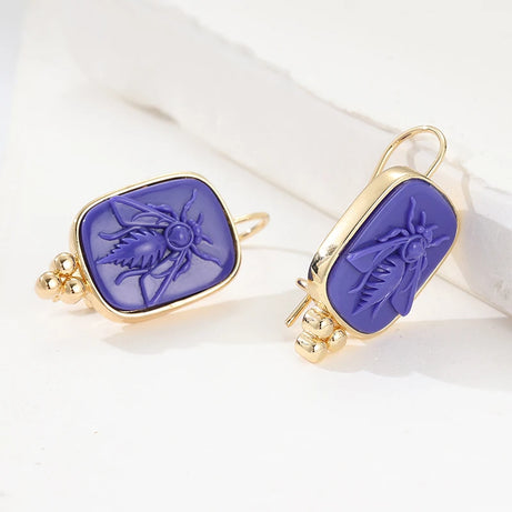Vintage Luxury Synthetic Lapis Lazuli Hand Carved Bee Hook Earrings Women's Elegant Banquet Celebration Jewelry Accessories Gift - Charlie Dolly