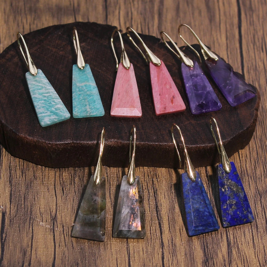 2pcs Natural stone earrings: amethyst, amazonite, flash stone, rhodochrosite, lapis lazuli trapezoidal faceted earrings - Charlie Dolly