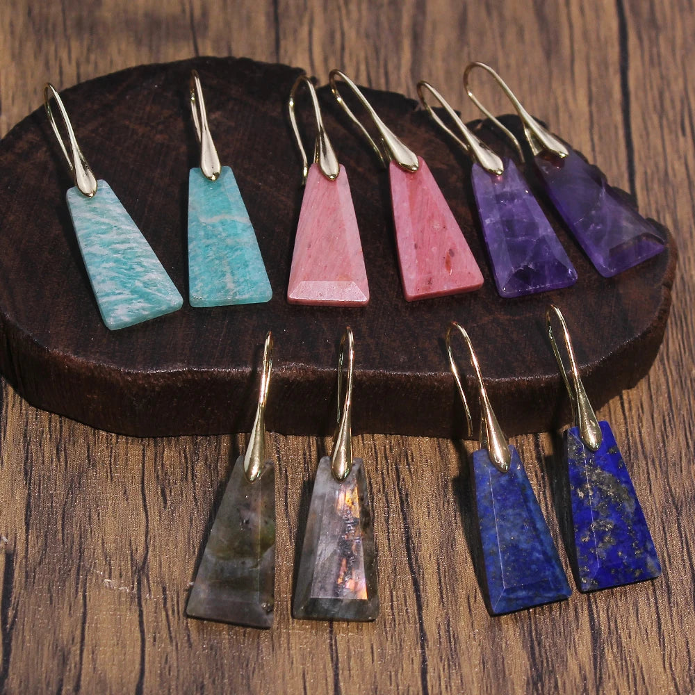 2pcs Natural stone earrings: amethyst, amazonite, flash stone, rhodochrosite, lapis lazuli trapezoidal faceted earrings - Charlie Dolly